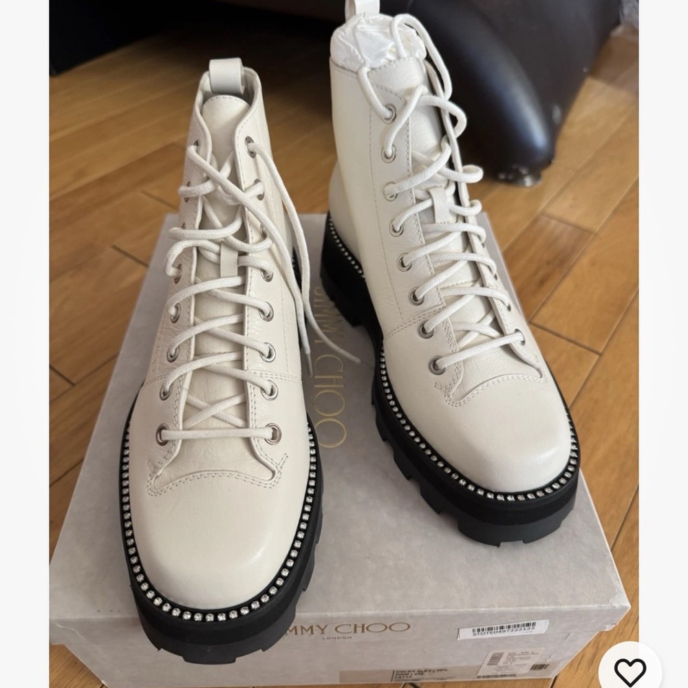 Jimmy Choo Cream Leather Lace-Up Combat Boots with Stud Trim